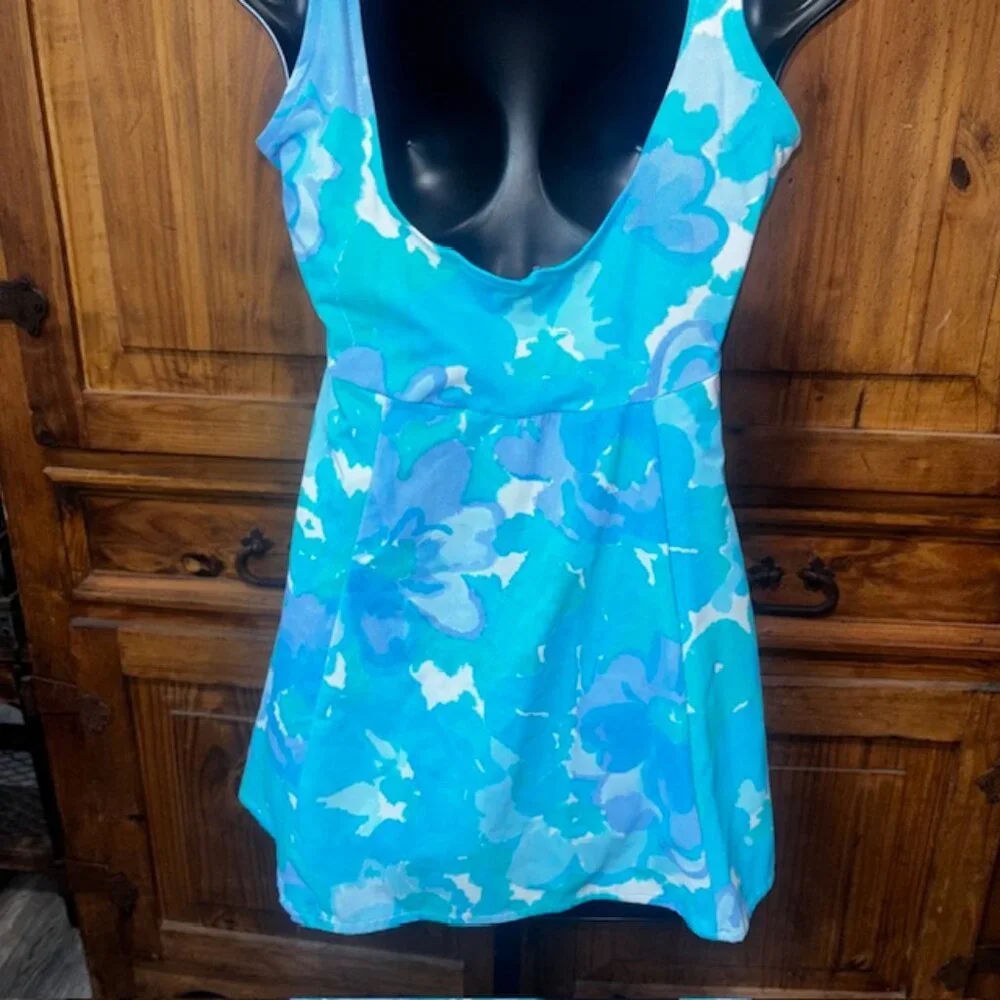 Sea Waves One Piece Swimdress Swimsuit Blue Floral Size 10 Retro Style